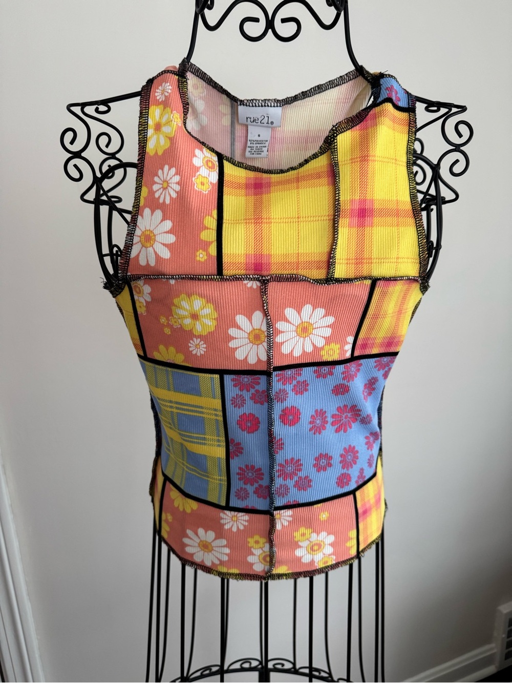 rue21 Yellow Multi Patchwork Floral Plaid Tank Top